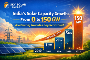 India's solar capacity growth from 0 to 150 GW — the pace is accelerating every year.